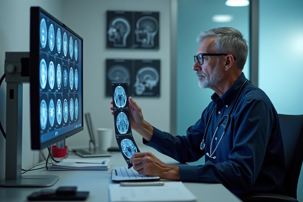 Neurologue consultant des films IRM cérébraux dans un cabinet médical spécialisé