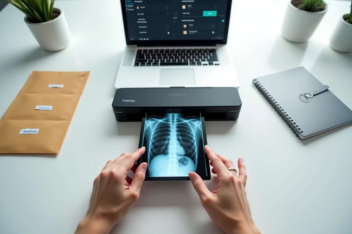 Numérisation d'une ancienne radiographie médicale avec un scanner à plat sur un bureau organisé pour la gestion et l'archivage numérique
