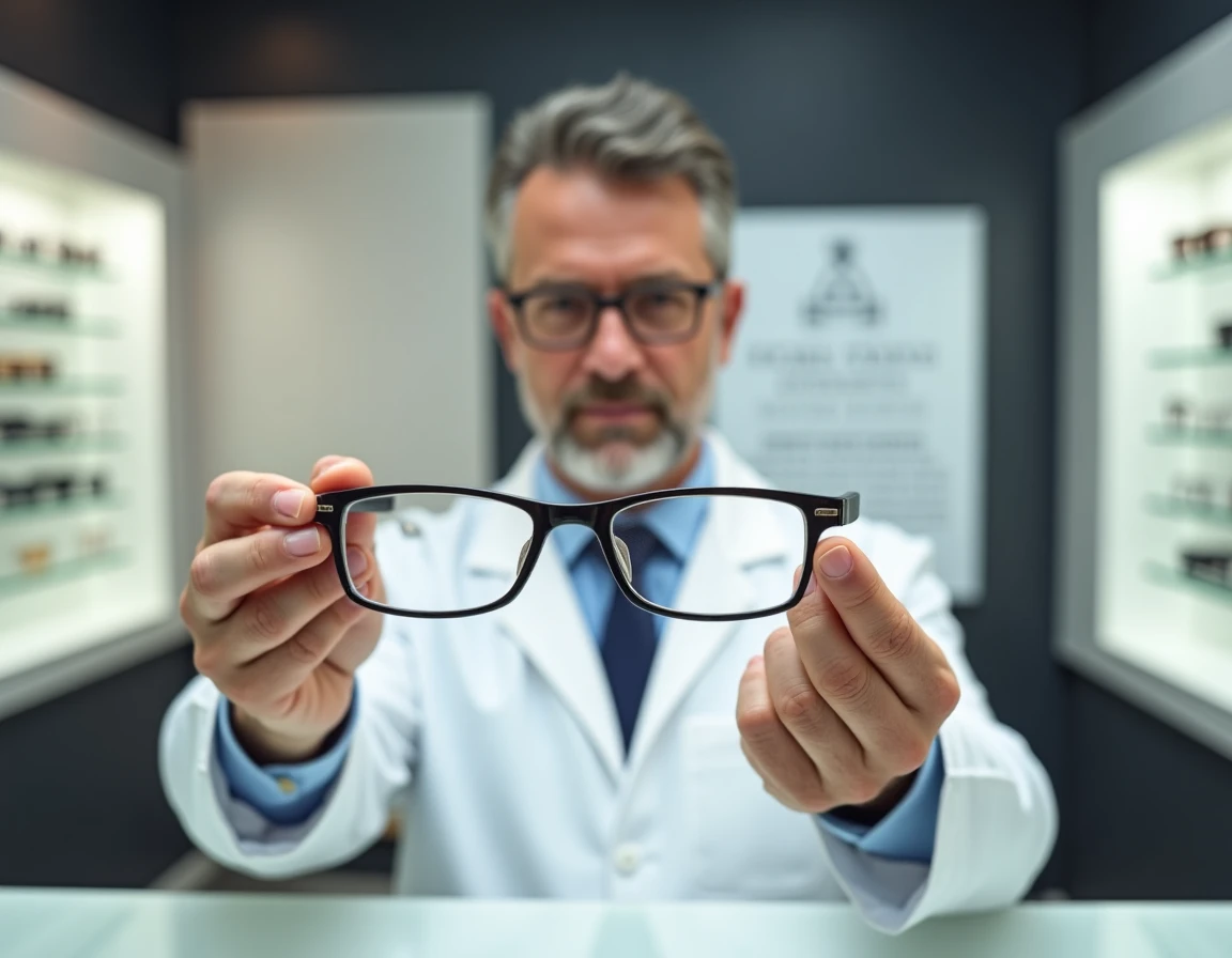 Opticien comparant deux paires de lunettes avec des indices de verre différents dans une boutique optique