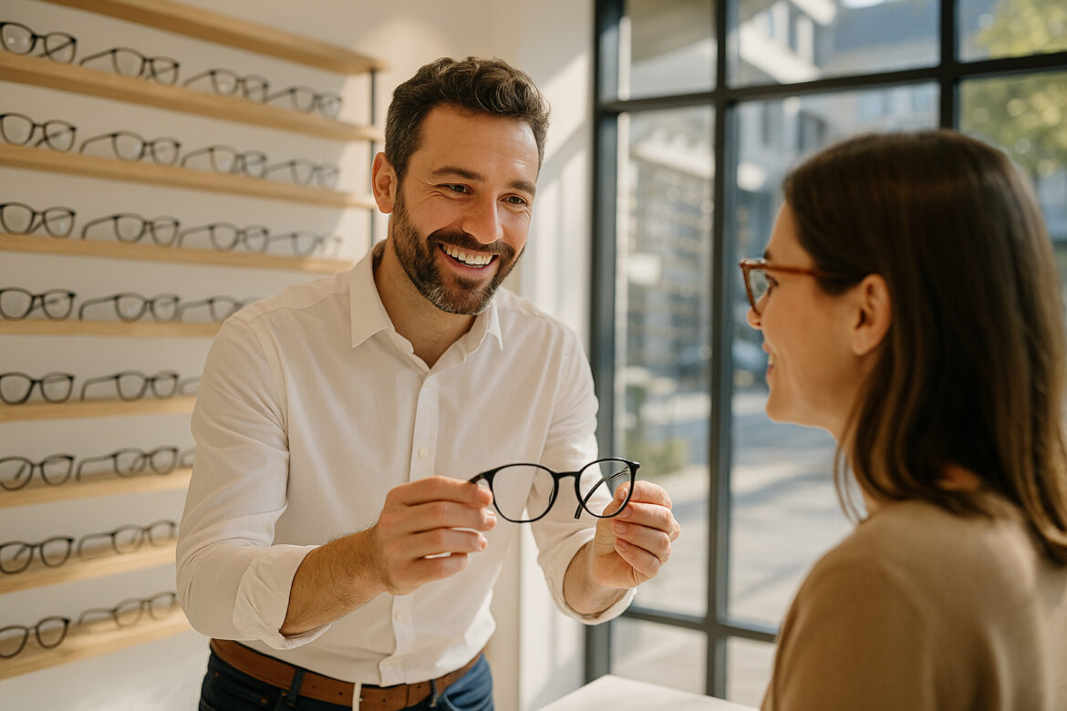 Opticien souriant aidant un client à choisir des lunettes à Pau