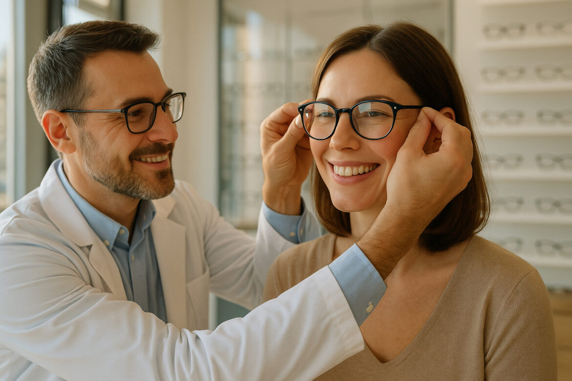 Opticien ajustant des lunettes à une femme souriante dans un magasin lumineux