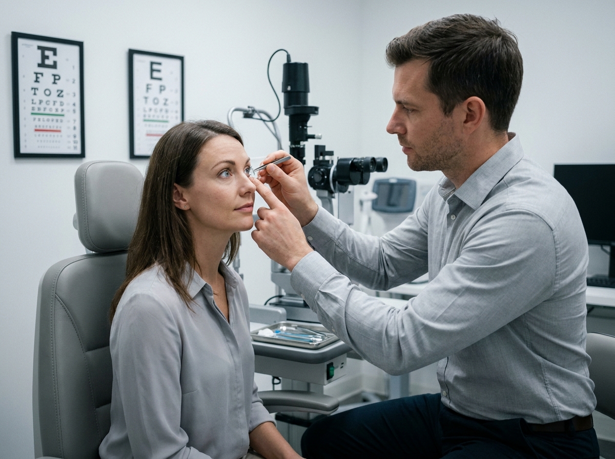 Opticien posant une lentille de contact sur l'œil d'une patiente lors d'un examen de vue