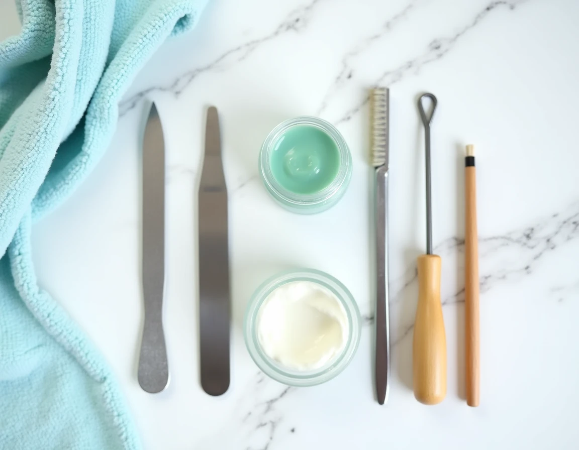 Outils de soin podologique pour traiter les ongles de pieds épais : lime, tampon, crème à l'urée et brosse à ongles sur marbre blanc