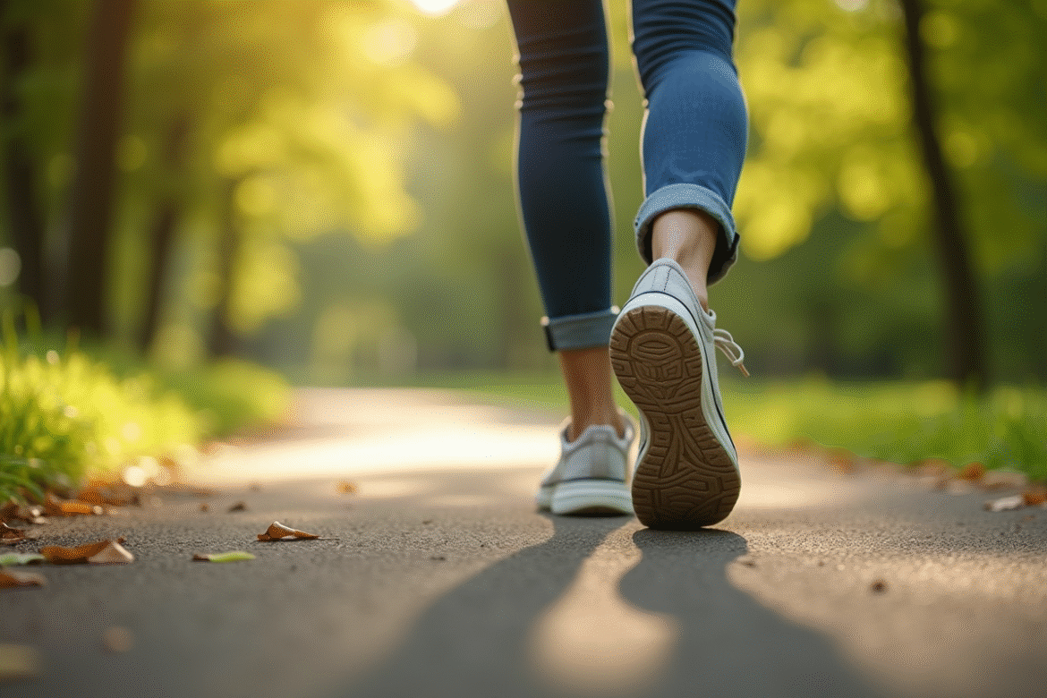 Pieds en baskets confortables sur un chemin de parc ensoleille