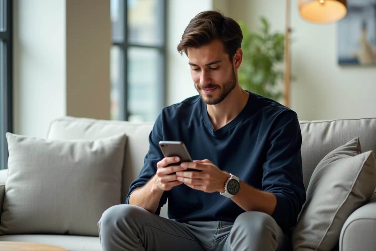 Jeune patient consultant le blog d'un cabinet de chirurgie dentaire sur smartphone depuis son salon pour un suivi en ligne