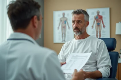 Patient de 45 ans consultant ses résultats d'analyse sanguine incluant le taux de Gamma GT dans un cabinet médical moderne