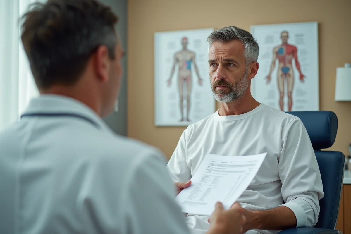 Patient de 45 ans consultant ses résultats d'analyse sanguine incluant le taux de Gamma GT dans un cabinet médical moderne