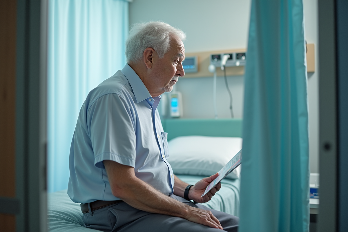 Homme âgé assis sur un lit d