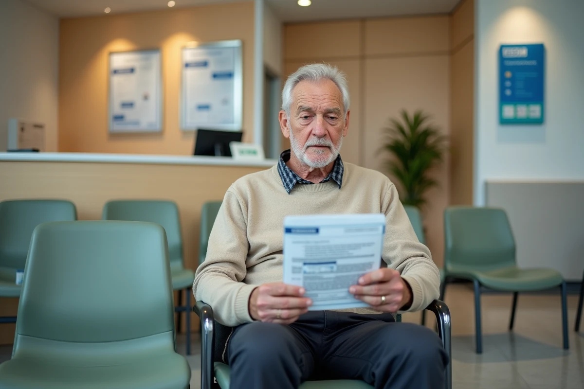 Homme âgé en salle d'attente d'un centre d'imagerie médicale tenant sa carte Vitale et une documentation sur l'IRM ouvert et la prise en charge Sécurité sociale