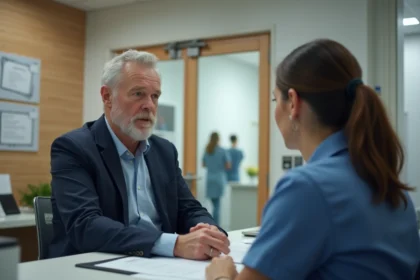 Patient homme parlant avec receptionniste dans une clinique