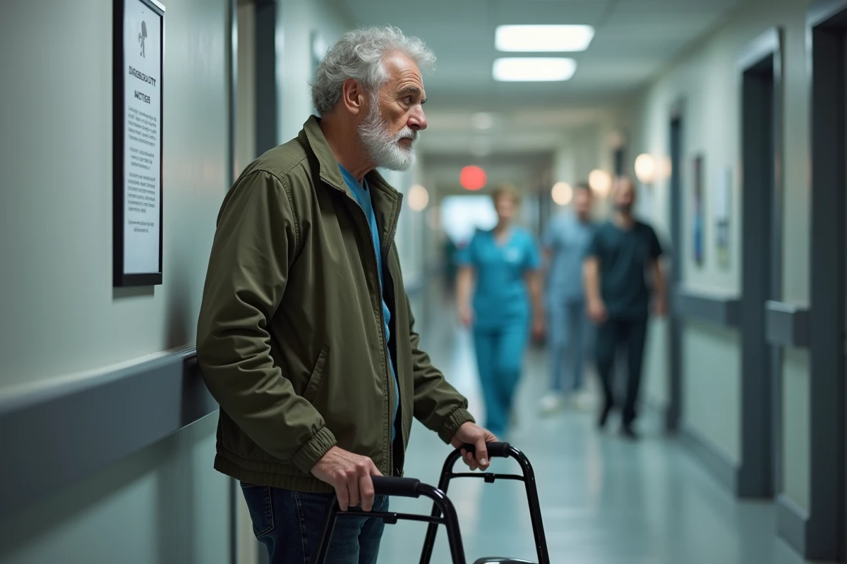 Homme âgé avec aide à la marche dans un couloir hospitalier lisant une notice d'évaluation d'invalidité, illustrant les enjeux de l'ostéophytose et de la reconnaissance du handicap