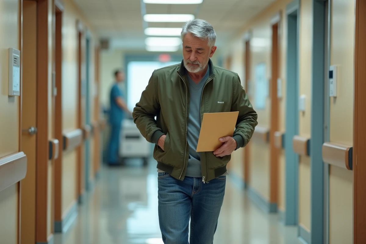 Homme tenant ses résultats d'imagerie médicale dans un couloir d'hôpital pour dossier discopathie