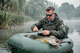 Pêcheur en float tube tenant un brochet aux dents acérées lors du décrochage, risque de morsure en eaux douces