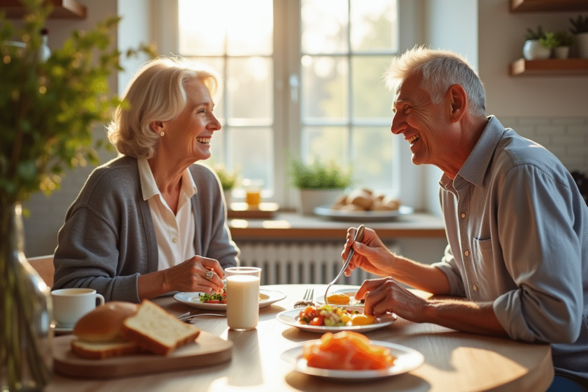 Couple agee prenant un petit déjeuner sain dans une cuisine lumineuse