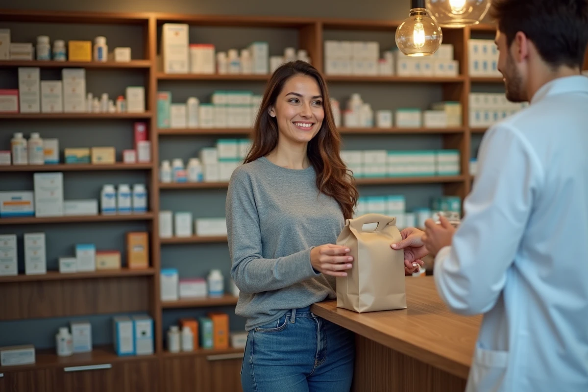 Femme recevant une ordonnance à la pharmacie