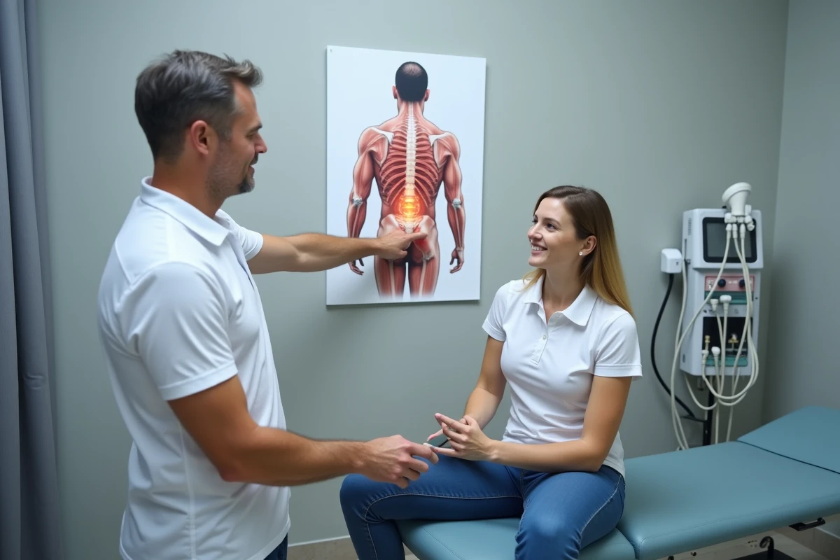 Physiothérapeute expliquant à une patiente les causes de la douleur dans le bas du dos gauche lors d'une consultation en cabinet médical