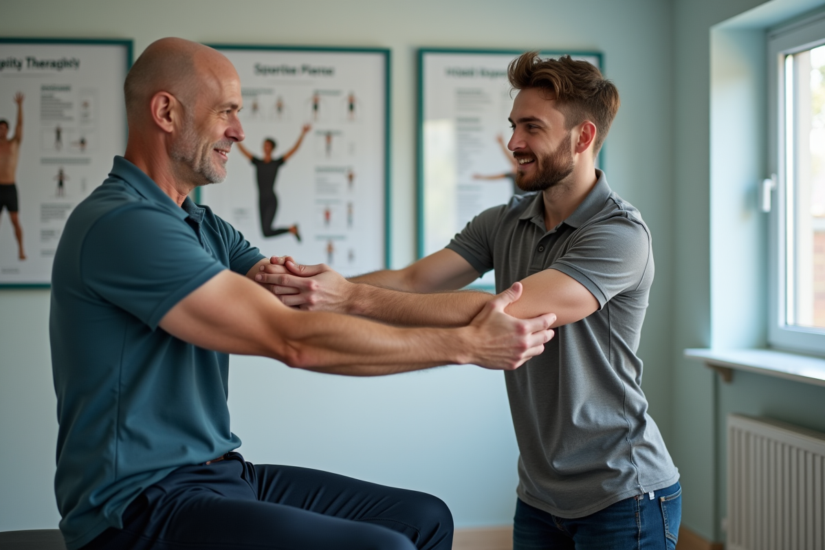 Jeune physiotherapeute montrant des étirements à un patient