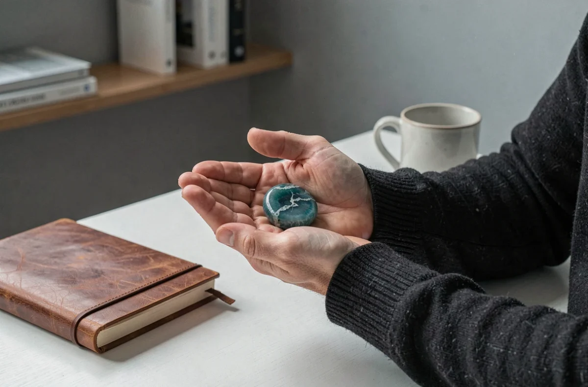 Main d'un homme tenant une pierre d'amazonite polie dans la paume, posée sur un bureau minimaliste avec carnet et tasse en céramique