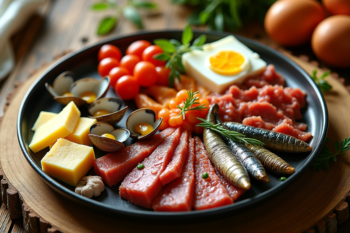 Plateau coloré avec fruits de mer et viandes riches en B12