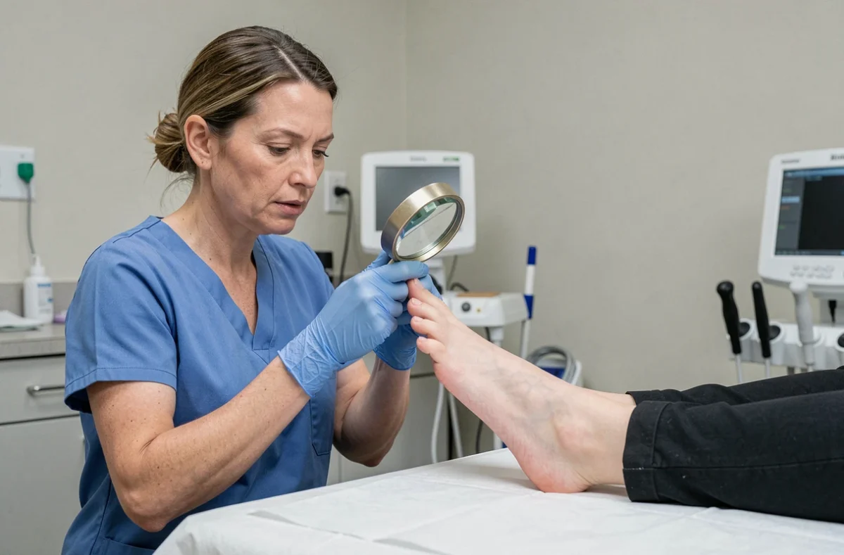 Podologue examinant l'ongle décollé d'un patient en cabinet médical avec une loupe, consultation podologique professionnelle