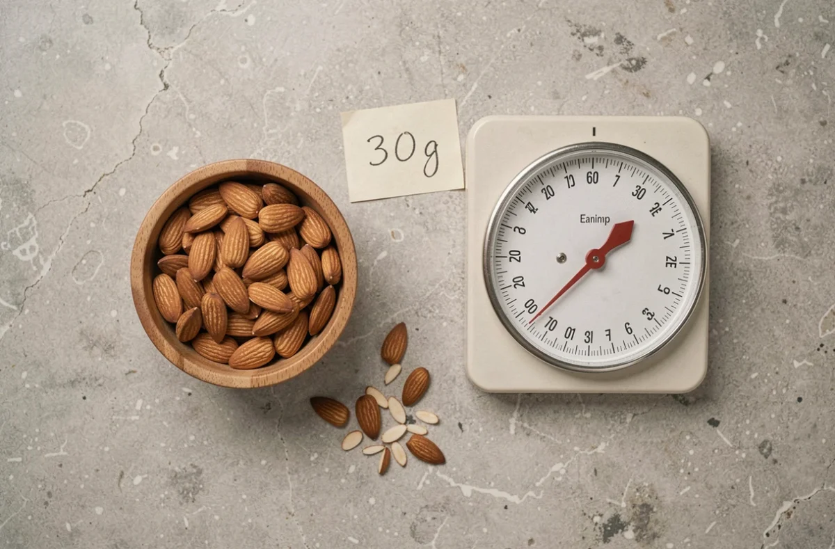 Vue du dessus d'un bol en bois contenant 23 amandes avec une balance de cuisine et une note indiquant 30 grammes