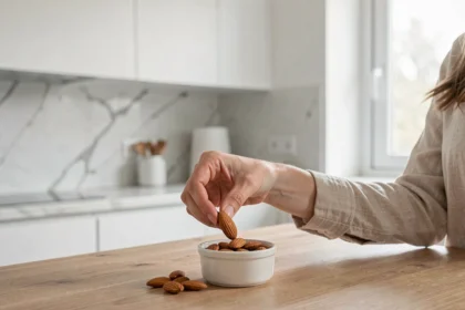 Femme mesurant une portion d'amandes dans un ramequin blanc sur un comptoir en bois dans une cuisine moderne