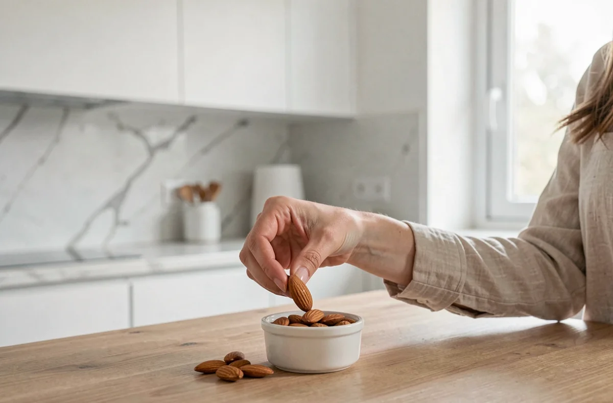 Femme mesurant une portion d'amandes dans un ramequin blanc sur un comptoir en bois dans une cuisine moderne
