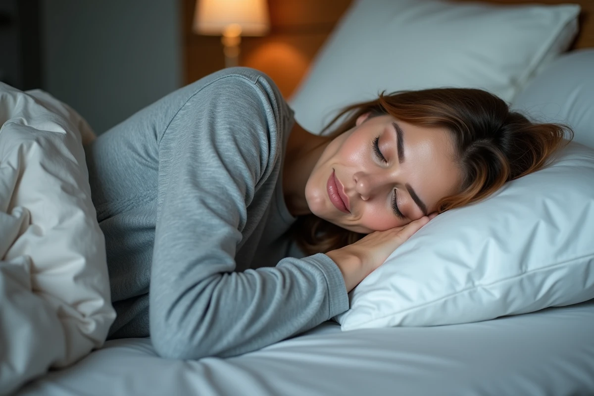 Femme endormie sur le côté avec le bras coincé sous le corps illustrant une posture de sommeil responsable des fourmis dans les bras
