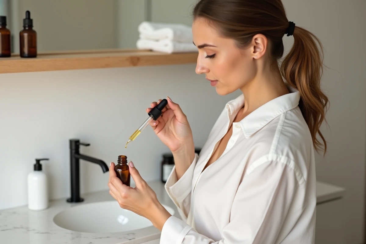 Femme préparant un sérum maison avec un compte-gouttes et des ingrédients soigneusement dosés sur un plan de travail en marbre blanc dans une salle de bain moderne