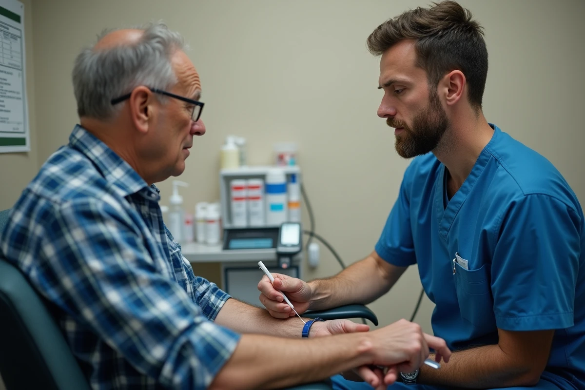 Prise de sang réalisée par un infirmier sur un patient fatigué, dans le cadre d'un bilan pour TCMH élevé et fatigue chronique