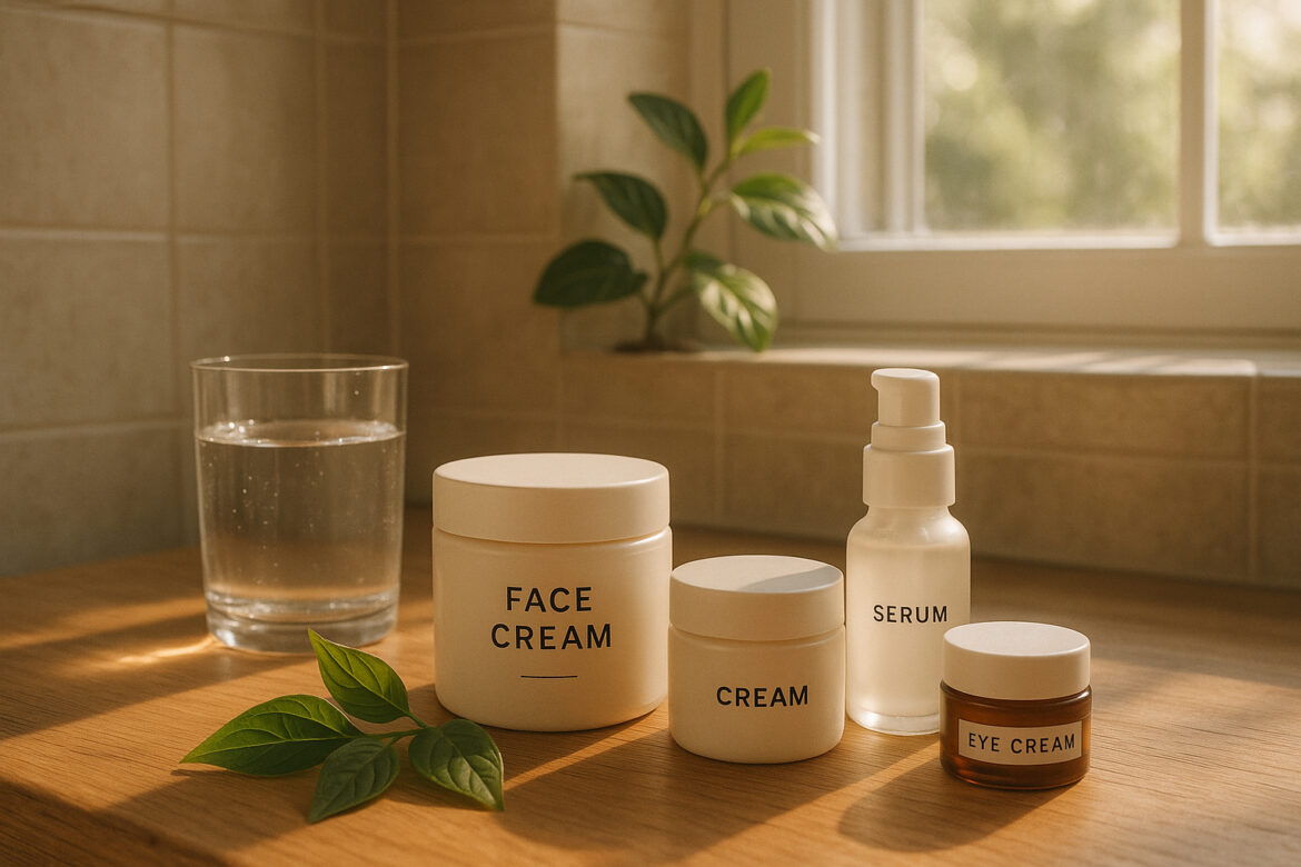 Photo hyperrealiste d'une scene de bain naturelle avec crèmes visage sur un comptoir en bois