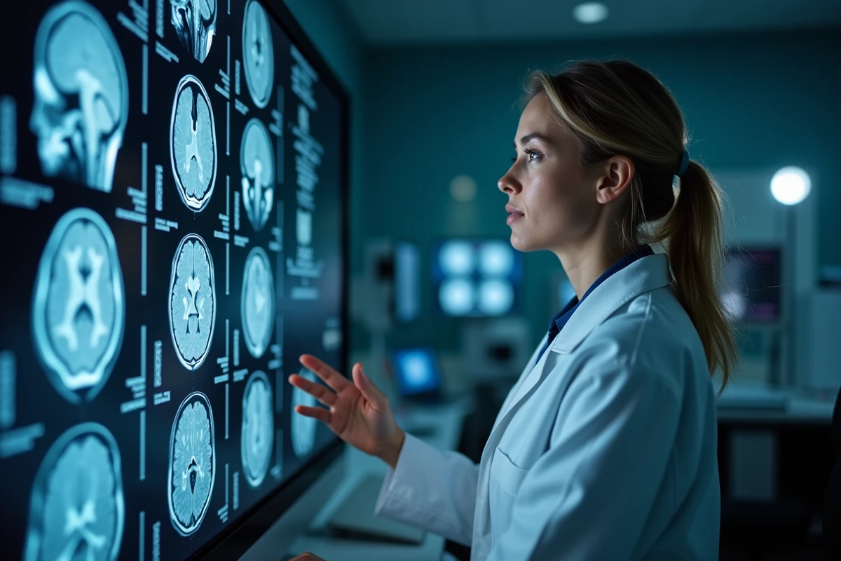 Radiologue examinant des images IRM cérébrales sur un écran médical en salle de lecture hospitalière