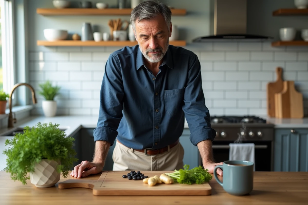Remèdes naturels contre les ballonnements et les rots malodorants disposés sur un plan de travail en bois dans une cuisine moderne