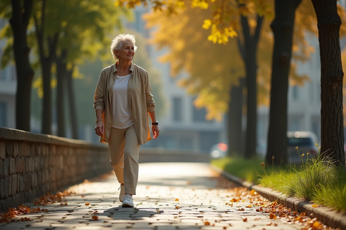 Femme marchant prudemment sur un chemin urbain, symbole de la reprise progressive après la maladie de Ménière