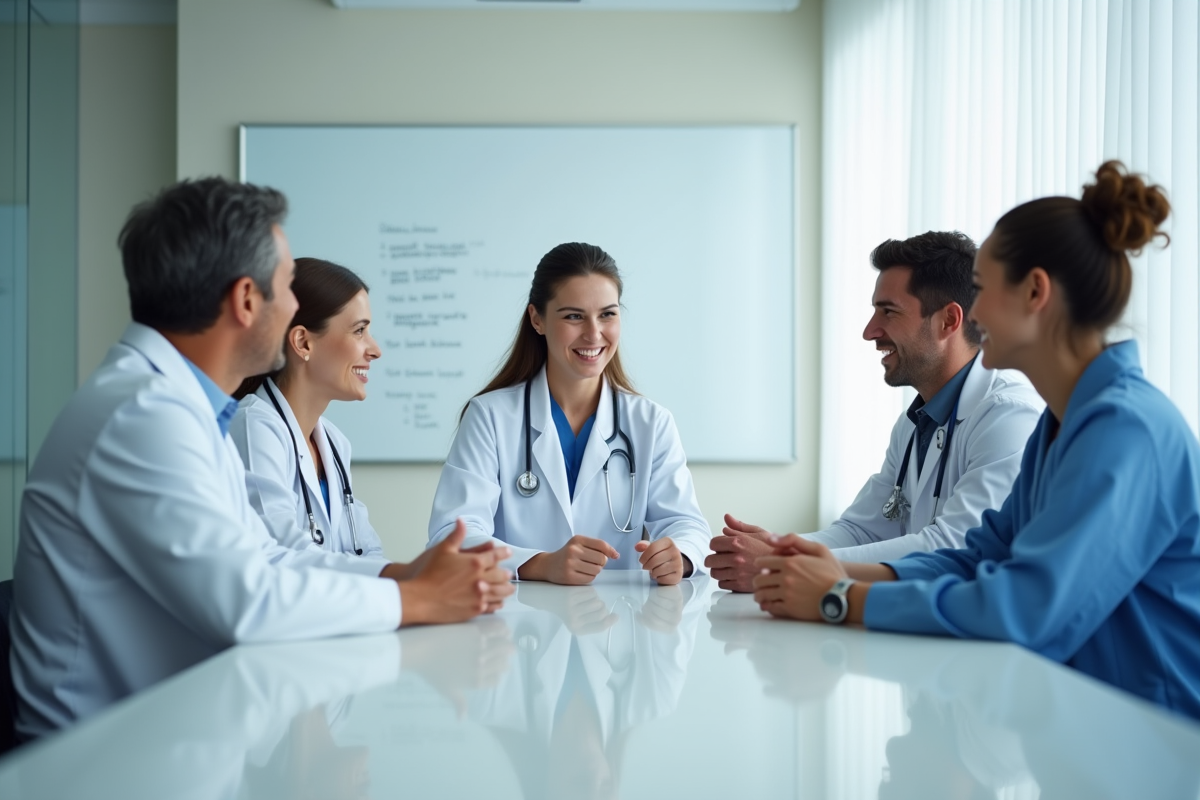 Médecins et infirmiers en réunion dans une salle moderne