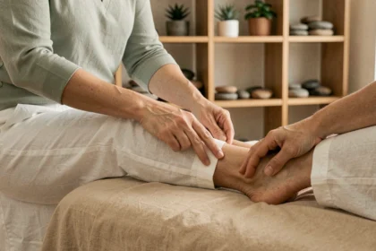 Réflexologue pratiquant un massage plantaire sur le pied d'une cliente dans un cabinet de bien-être naturel et apaisant