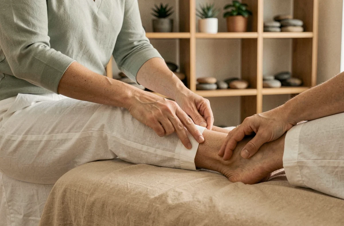 Réflexologue pratiquant un massage plantaire sur le pied d'une cliente dans un cabinet de bien-être naturel et apaisant