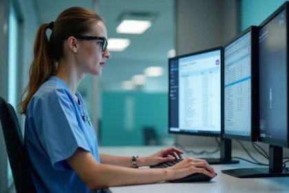 Professionnelle de santé sécurisant des données patients sur un logiciel médical type c.netsoins dans un bureau hospitalier moderne