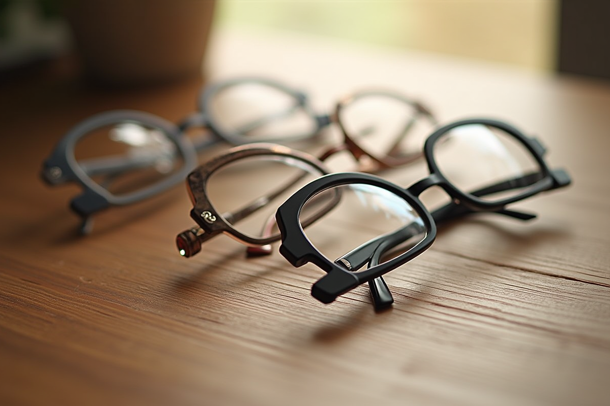 Sélection de lunettes élégantes sur une table en bois