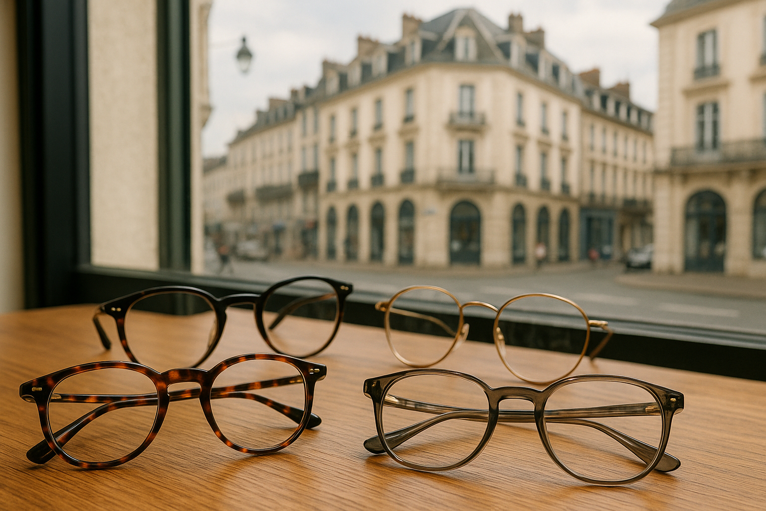 Lunettes à la mode sur une table en bois dans une boutique à Pau