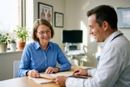 Femme senior en consultation avec un médecin dans une clinique moderne