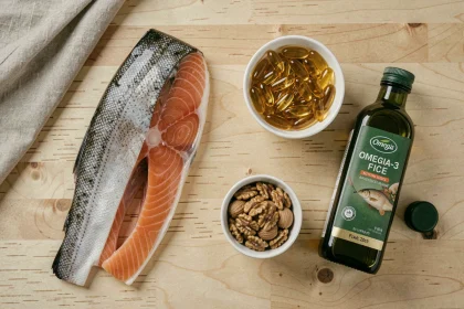 Vue de dessus d'un comptoir en bois avec saumon frais, capsules d'huile de poisson, noix et huile de lin illustrant les sources d'oméga-3
