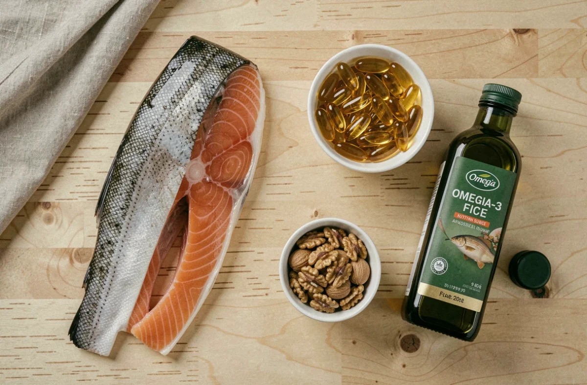Vue de dessus d'un comptoir en bois avec saumon frais, capsules d'huile de poisson, noix et huile de lin illustrant les sources d'oméga-3