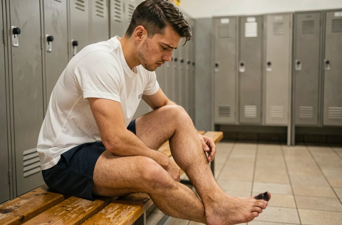 Jeune sportif en vestiaire regardant son gros orteil avec un ongle noirci après un choc, signe d'une possible atteinte de la matrice unguéale
