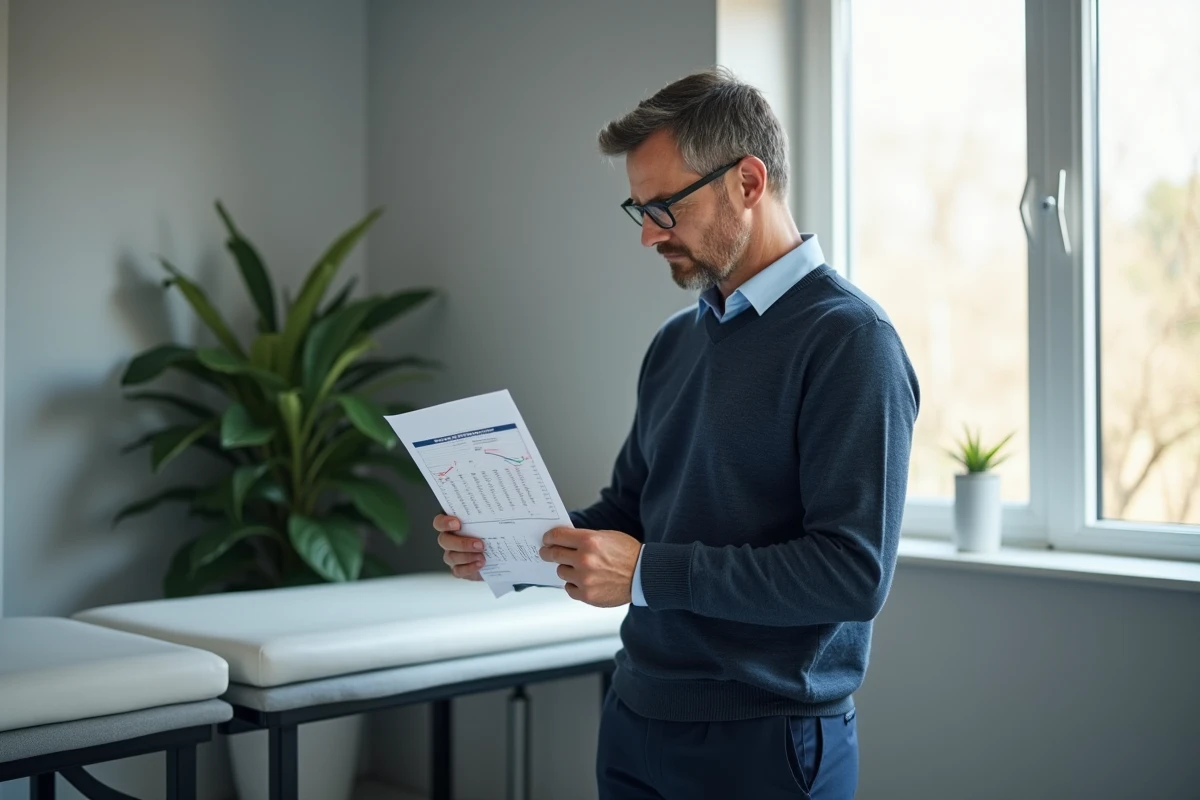 Homme tenant un audiogramme dans un cabinet médical, illustrant le suivi de la maladie de Ménière