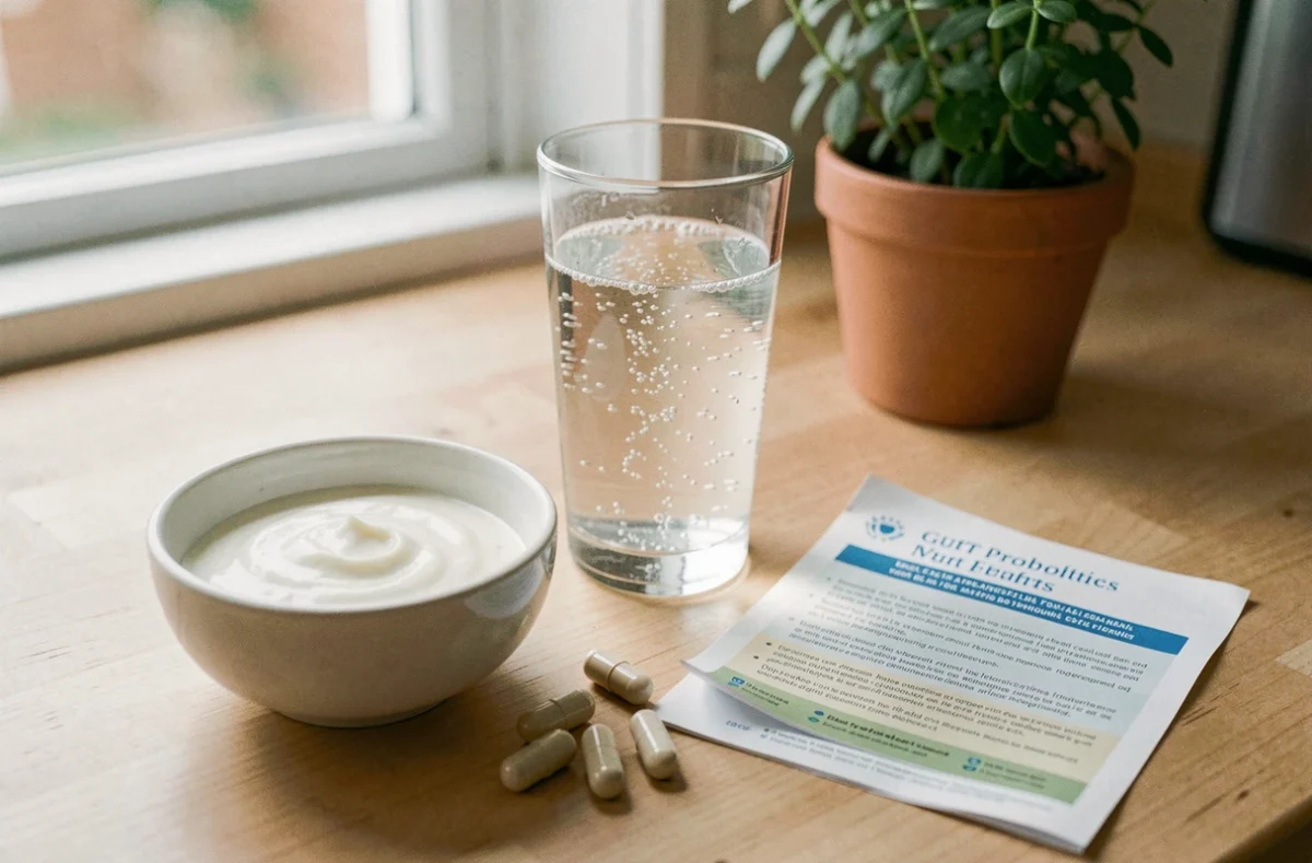 Verre d'eau gazeuse, probiotiques et compléments digestifs pour illustrer les causes des selles mousseuses et l'intestin irritable