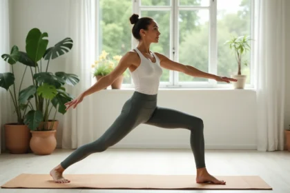 Femme pratiquant une transition dynamique entre la posture du guerrier II et l'angle latéral étendu sur un tapis en liège dans un studio de yoga minimaliste