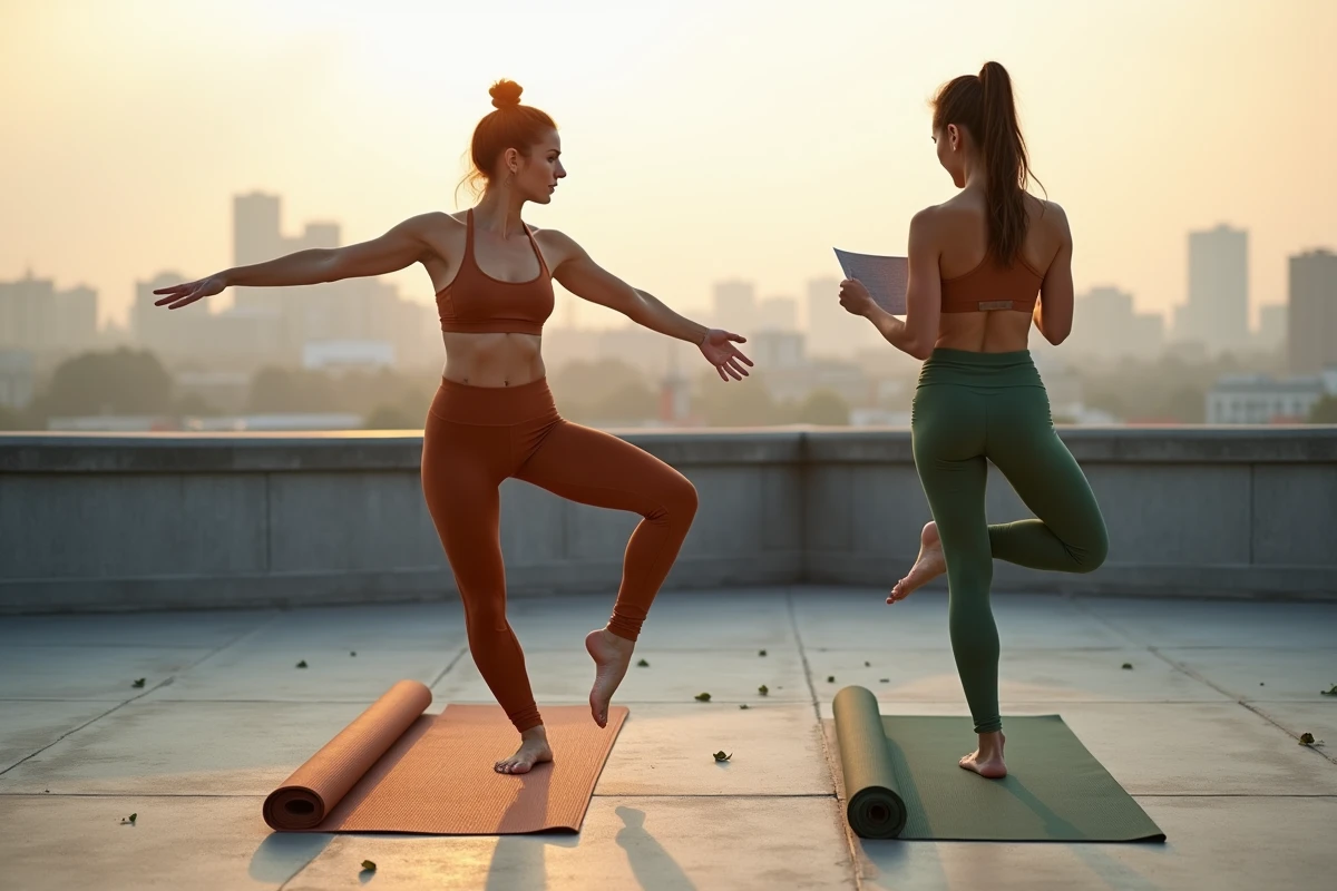 Deux femmes pratiquant un enchaînement de postures yoga sur un rooftop urbain, l'une en chien tête en bas et l'autre debout consultant une fiche de programme laminée
