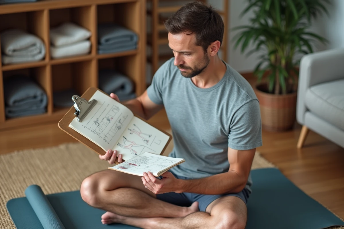 Homme assis en tailleur consultant un programme de yoga manuscrit sur clipboard avec journal annoté de poses dans un espace de pratique domestique