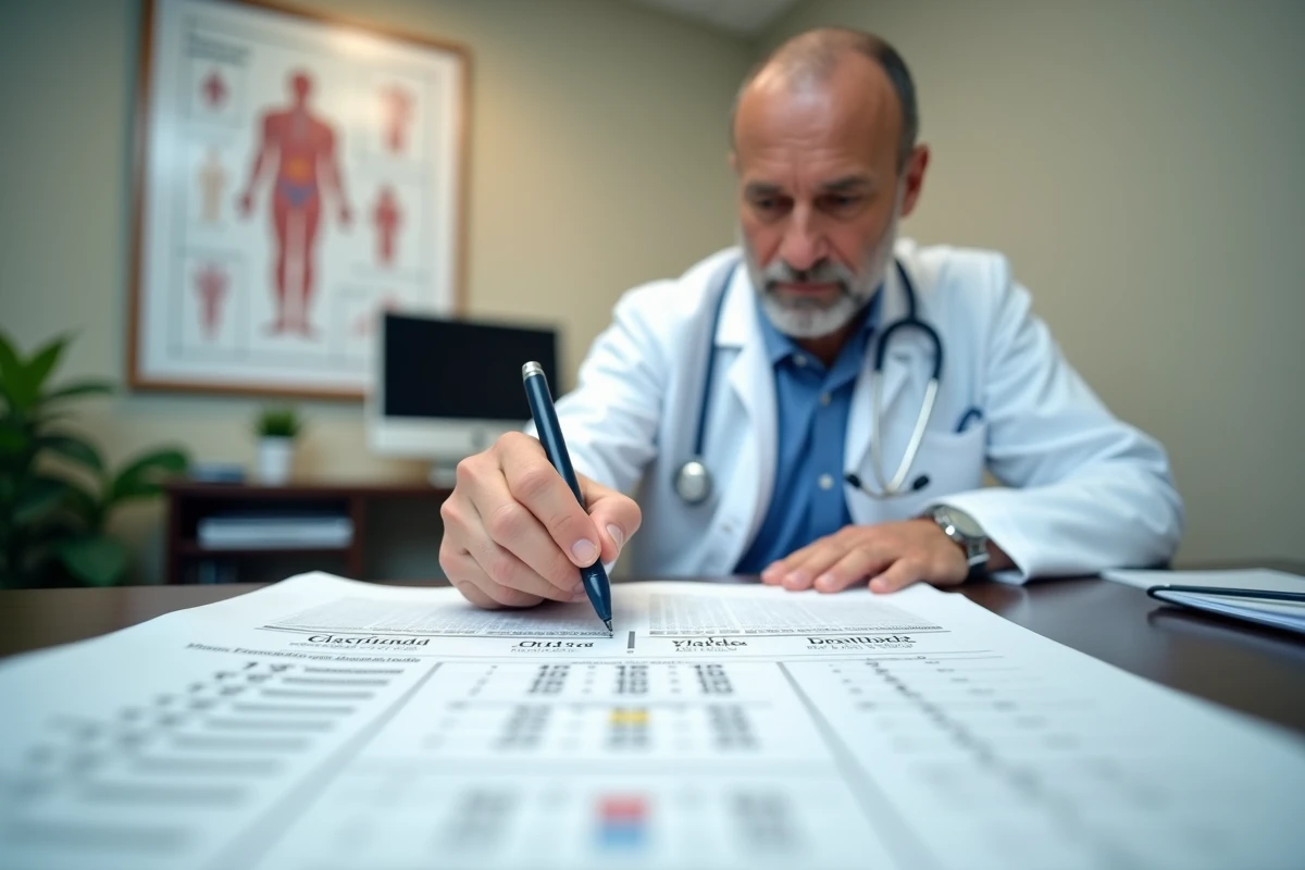 Médecin expliquant un tableau des seuils de tension artérielle systolique et diastolique en consultation médicale